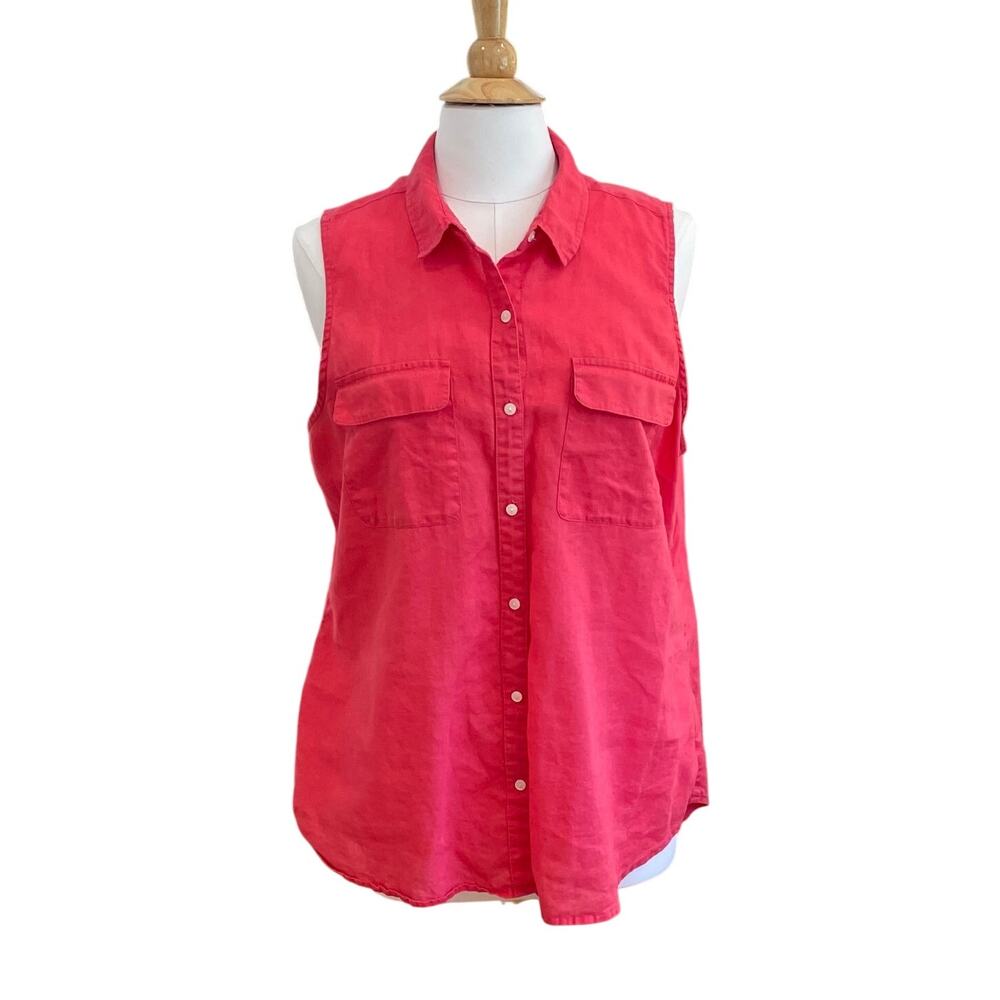 Old Navy Bright Pink Linen Cotton Blend Sleeveless Button Down Shirt, Size XL